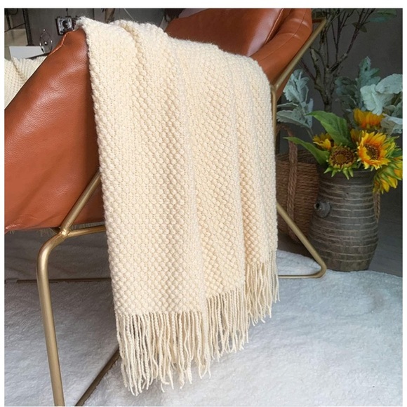Cream Neutral Farmhouse Cozy Knit Fringe Bohemian Cute Throw Blanket for Bedroom - Picture 2 of 16